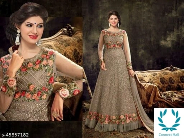 HEAVY WORKED GOWN WITH BUTTER FLY NET AND DUPATTA - Free Size, Georgette, Embroidered, Pack Of :1